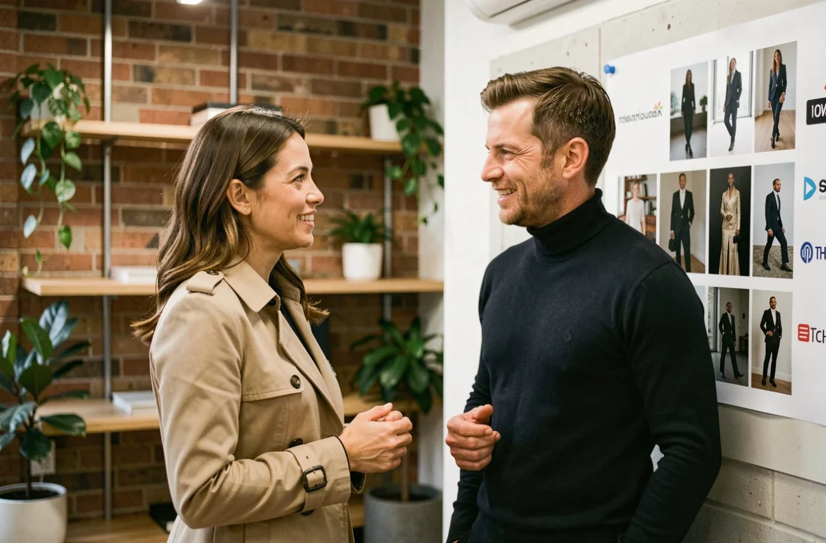 Deux professionnels du marketing discutant d'un moodboard de campagne mêlant références luxe et tech dans un espace de coworking haut de gamme, symbolisant les profils convoités pour le poste de CMO eBay