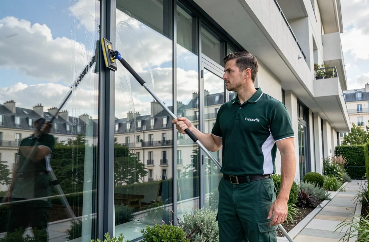 Agent Propertis lavant les vitres d'un immeuble résidentiel moderne à Paris