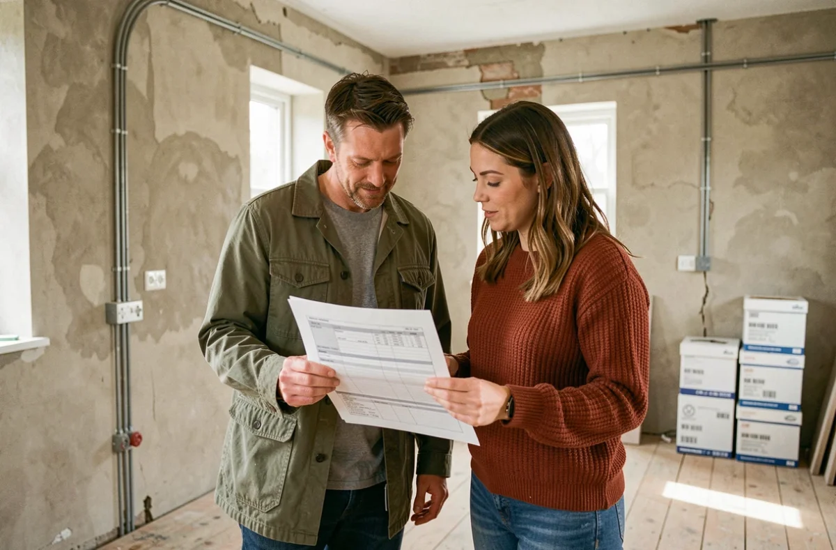 Couple de propriétaires examinant un devis de rénovation dans une cuisine en cours de travaux