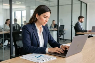Femme professionnelle recherchant des informations sur des entreprises via Pappers sur un ordinateur portable dans un bureau moderne