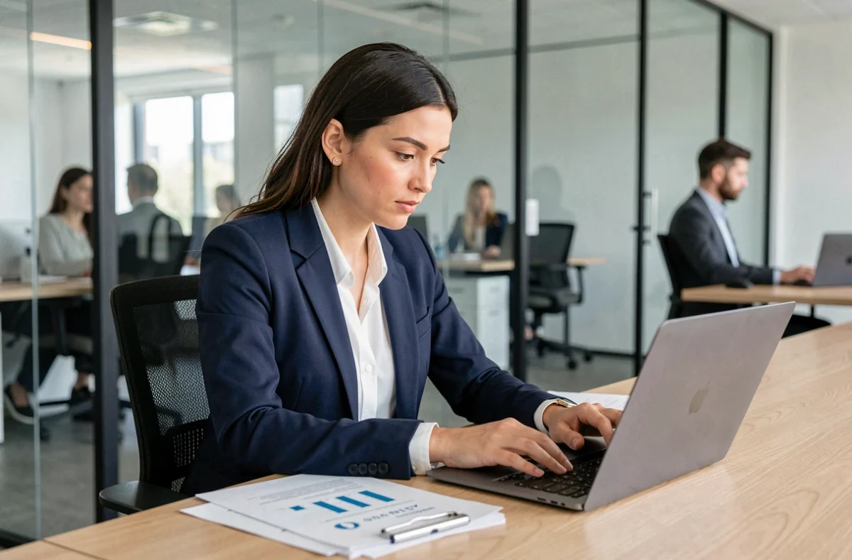 Femme professionnelle recherchant des informations sur des entreprises via Pappers sur un ordinateur portable dans un bureau moderne