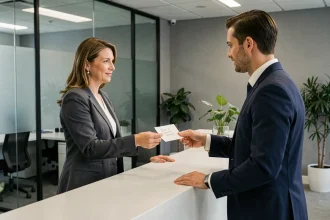 Employée remettant une note d'absence courte durée à son responsable RH dans un bureau moderne