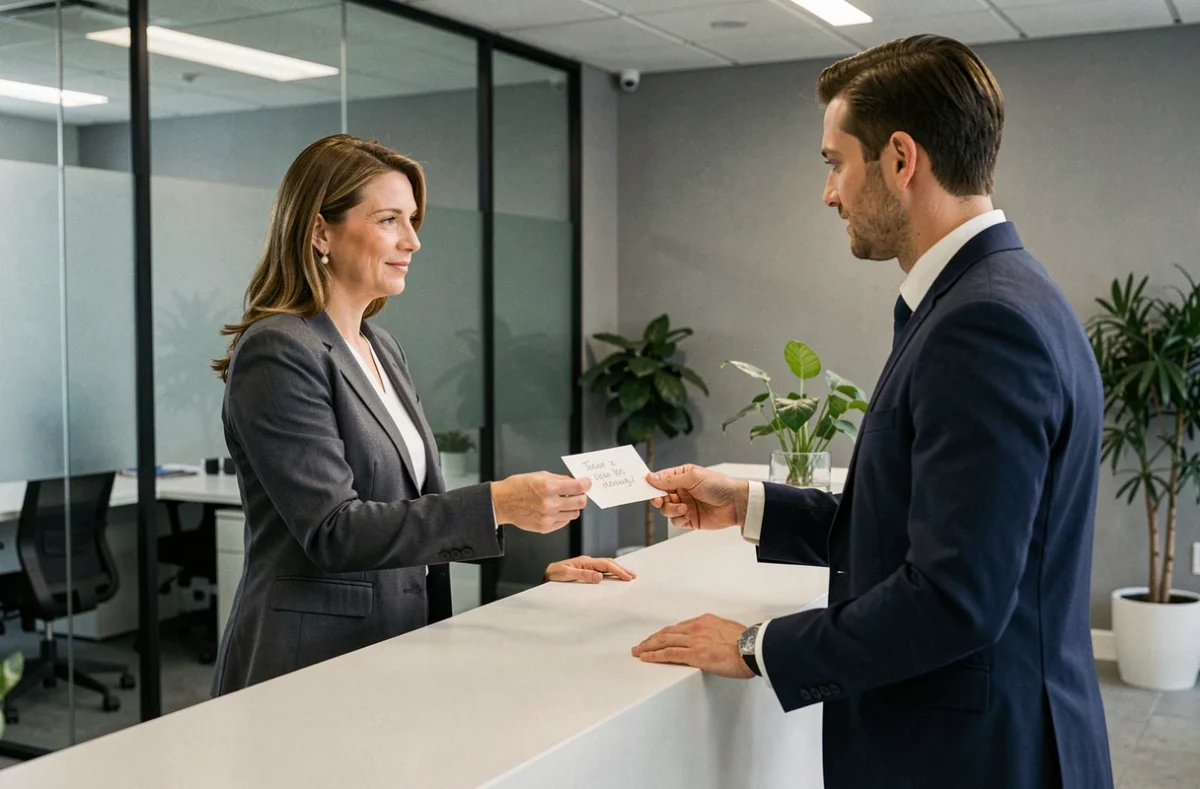 Employée remettant une note d'absence courte durée à son responsable RH dans un bureau moderne