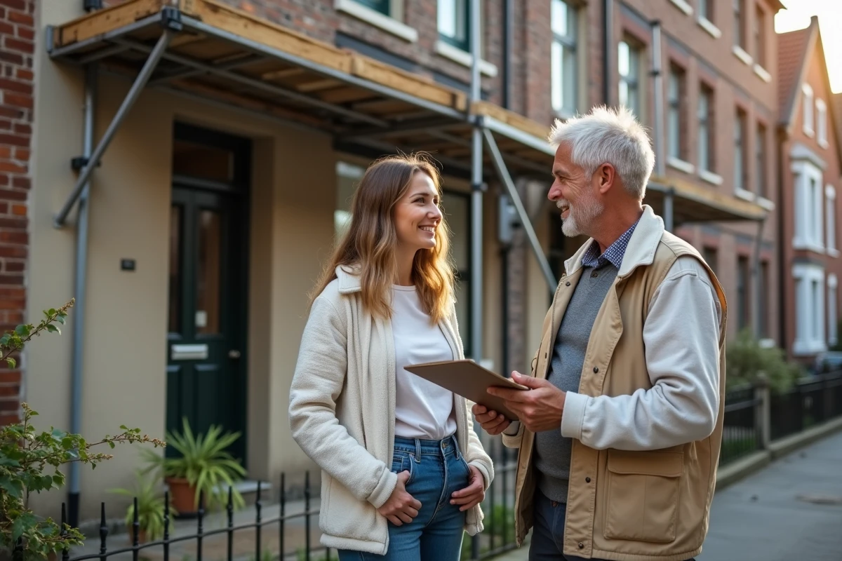 Femme souriante et artisan lors d