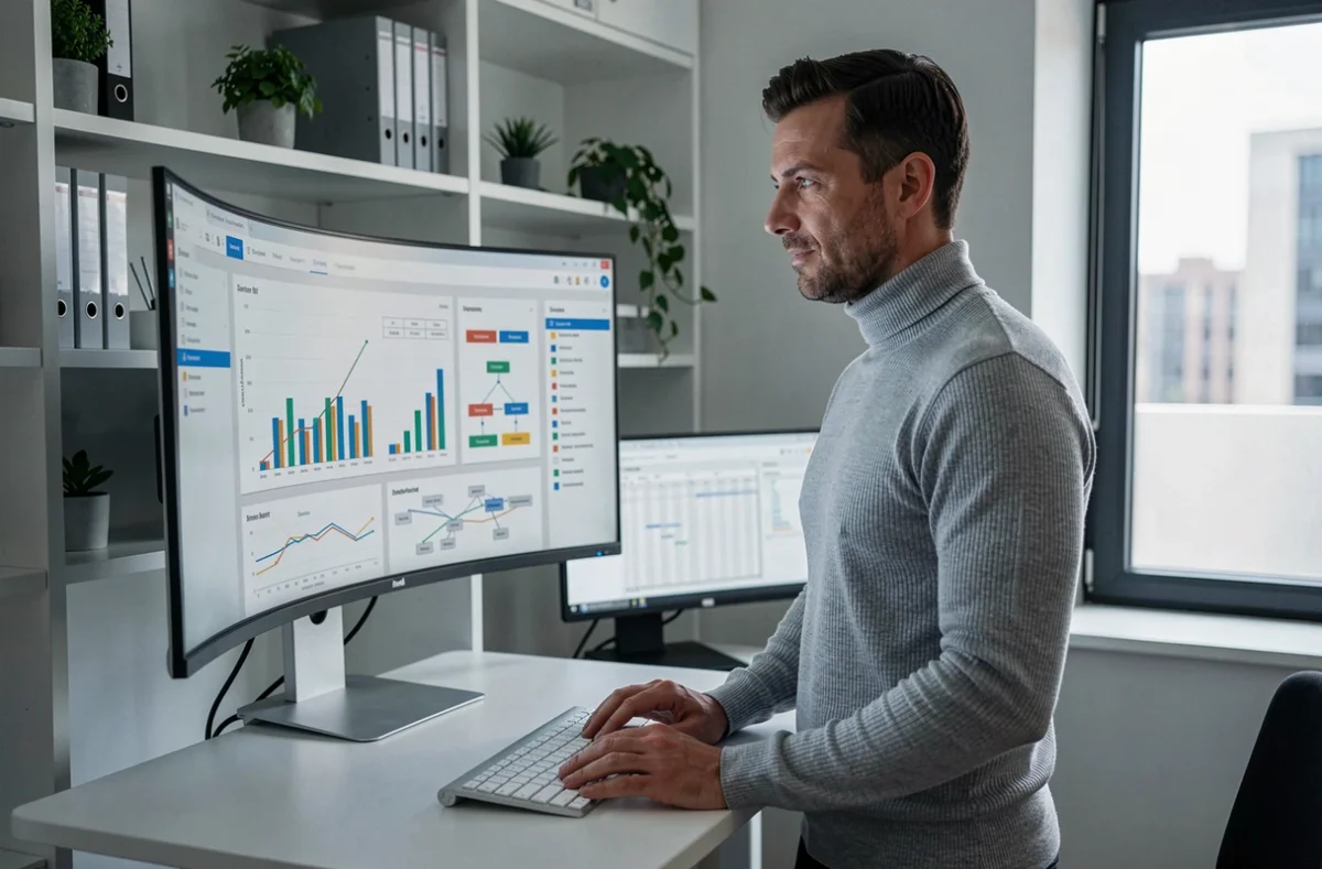 Responsable financier debout à son bureau analysant un tableau de bord BI sur grand écran incurvé dans un bureau minimaliste