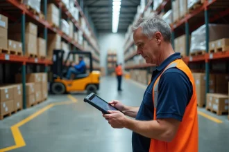 Responsable logistique consultant des indicateurs de performance sur tablette dans un entrepôt de distribution centrale