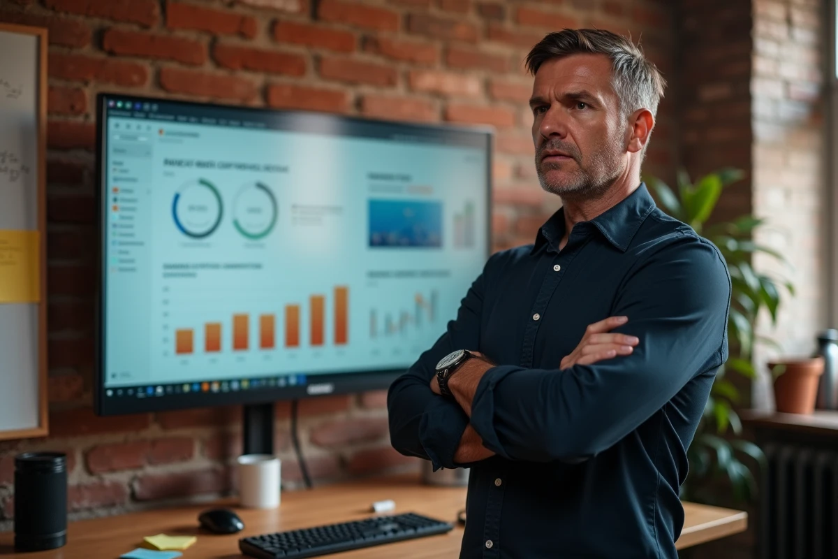 Homme responsable marketing perplexe devant un écran affichant des statistiques de campagne pay-per-click avec un faible taux de conversion