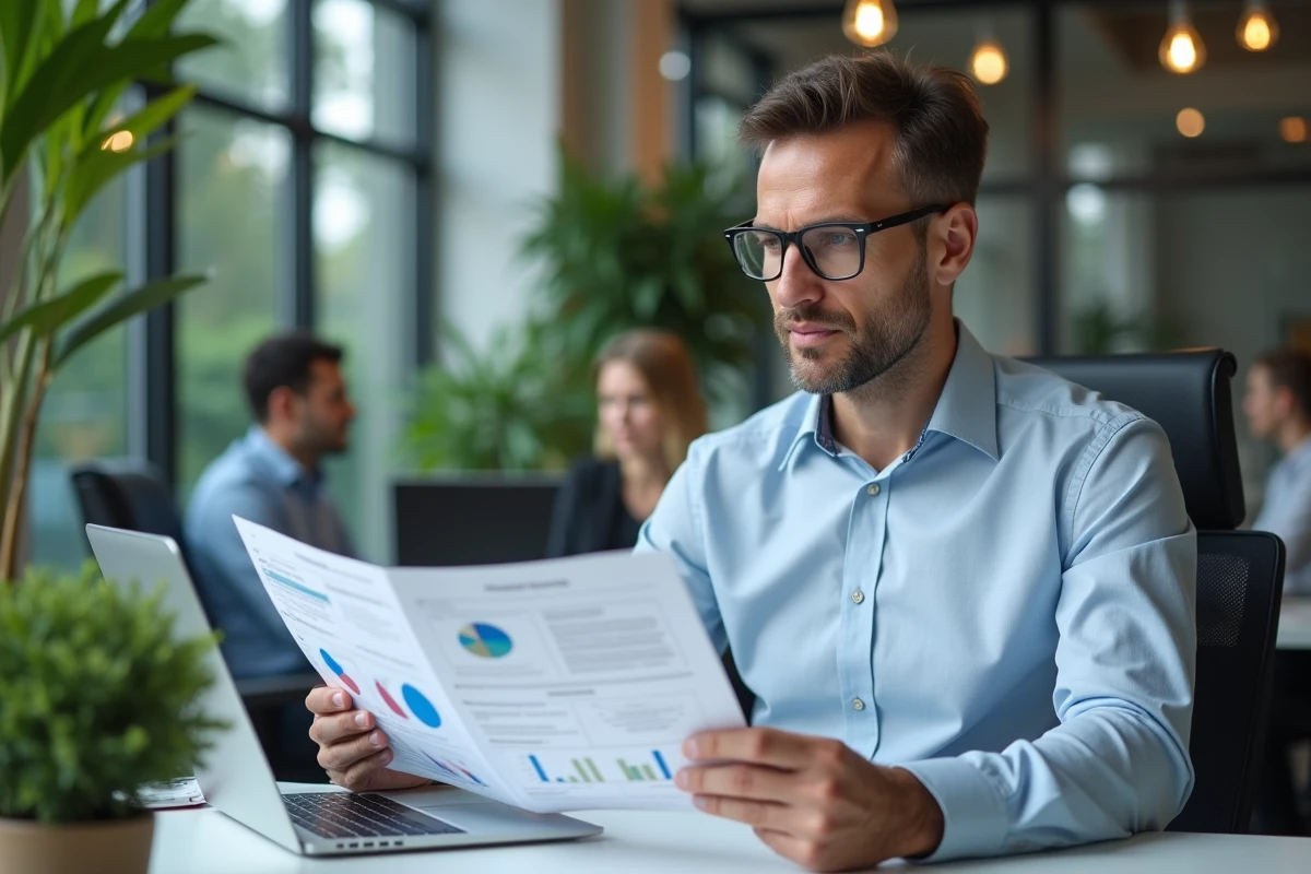 Responsable de projet analysant les données financières d'une coopérative d'énergie citoyenne dans un espace de travail moderne