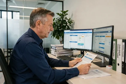Responsable RH consultant un tableau de bord ERP de gestion du droit du travail sur un poste de travail en open space