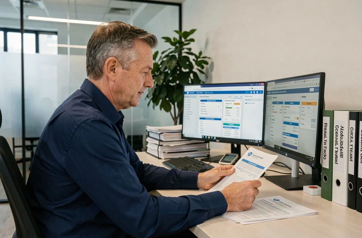 Responsable RH consultant un tableau de bord ERP de gestion du droit du travail sur un poste de travail en open space