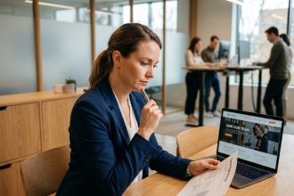 Responsable RH analysant la stratégie d'un site carrière avec des maquettes imprimées et un ordinateur portable dans un bureau moderne