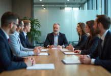 Groupe de professionnels en réunion d'affaires dans une salle moderne
