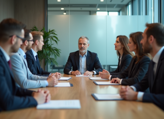 Groupe de professionnels en réunion d'affaires dans une salle moderne