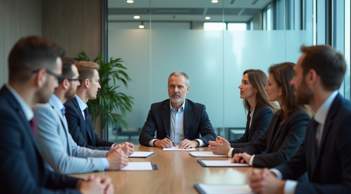 Groupe de professionnels en réunion d'affaires dans une salle moderne