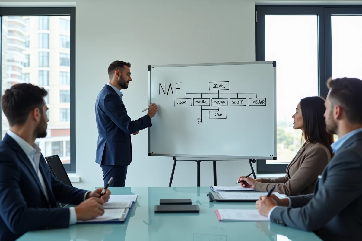 Réunion d'avocats en salle de conférence discutant du choix de code NAF pour différentes structures juridiques d'exercice
