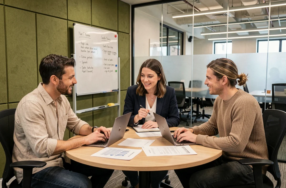 Réunion collaborative entre professionnels dans une salle de coworking vitrée