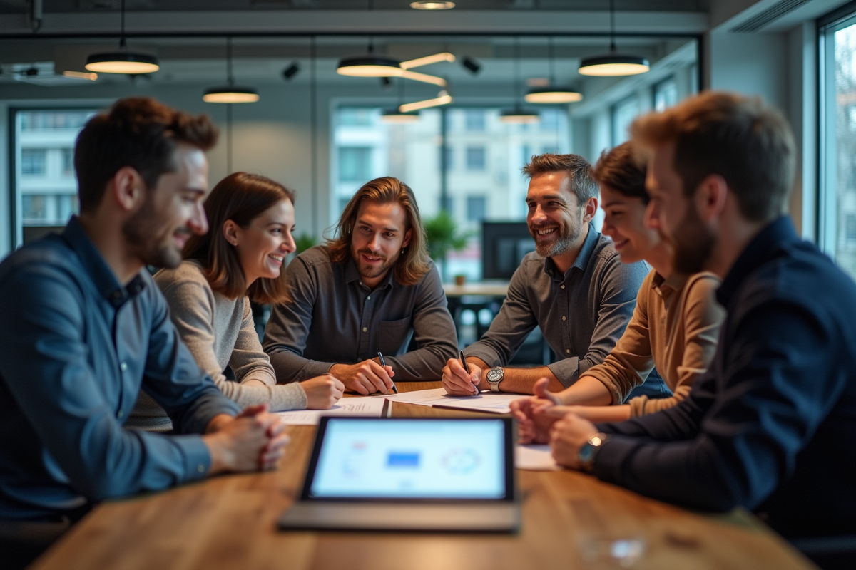 Equipe diverse en réunion avec une tablette affichant un logiciel client