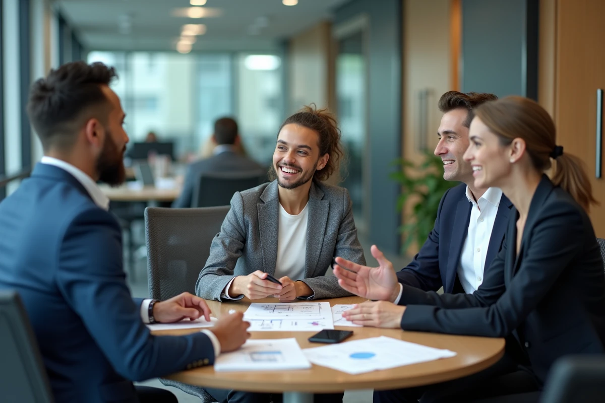 Groupe de professionnels en réunion pour évaluer le retour sur investissement d'un abonnement réseau professionnel B2B
