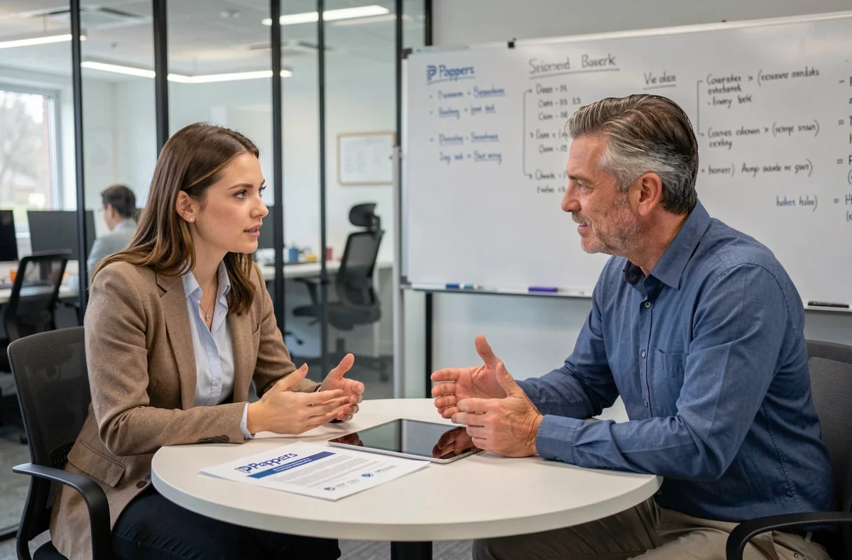 Deux professionnels discutant d'un rapport d'entreprise imprimé depuis Pappers lors d'une réunion dans un espace de coworking