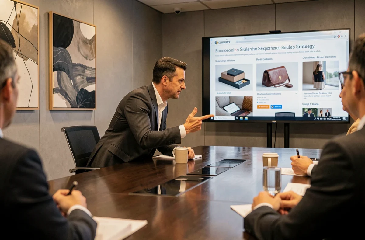Cadre marketing masculin en réunion stratégique dans une salle de conférence corporate, présentant une stratégie de marque e-commerce alliant luxe et technologie pour un rôle de CMO