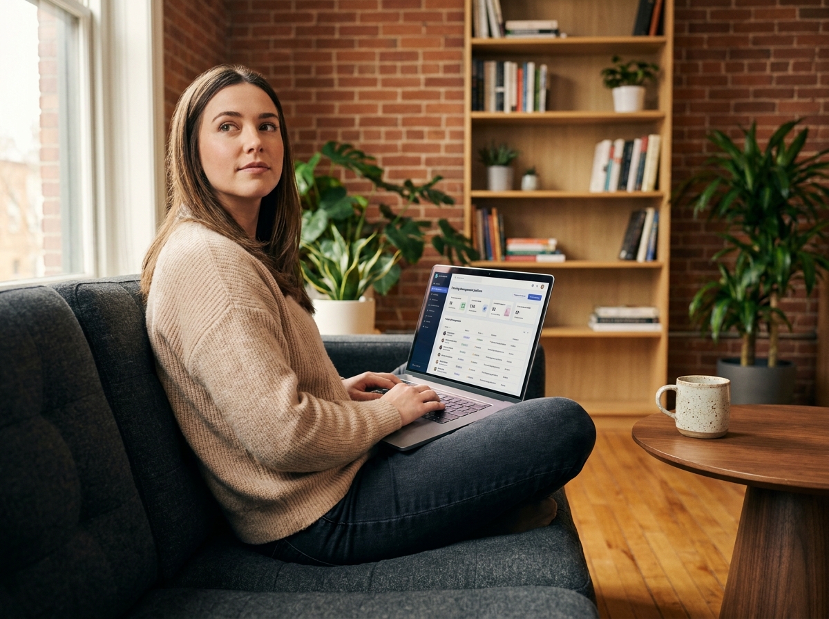 Une jeune professionnelle RH consultant un logiciel de gestion de la formation sur son ordinateur portable dans un espace de travail collaboratif