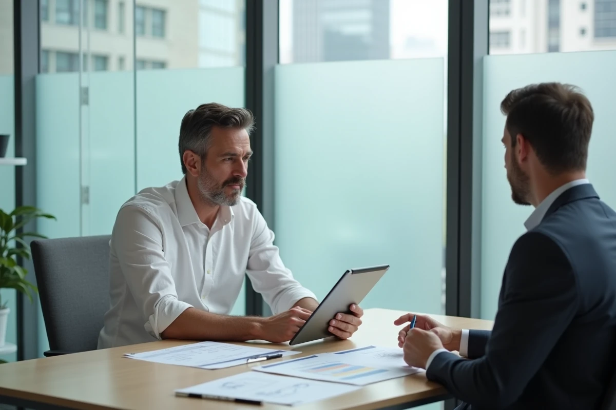 Salarié en entretien avec un conseiller pour le financement d'un projet professionnel en salle de réunion