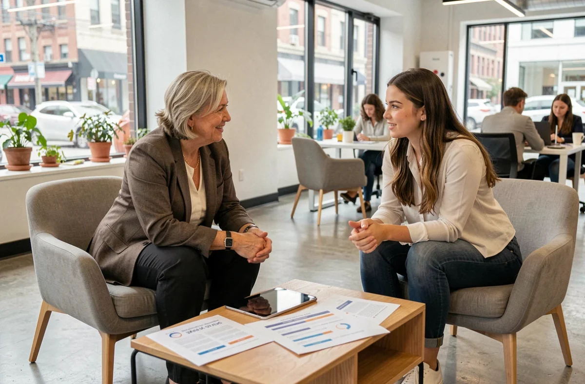 Sandra accompagne une jeune femme dirigeante lors d'un entretien de mentorat personnalisé dans un bureau de startup moderne