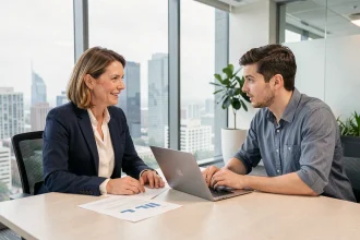 Sandra, business angel expérimentée, en réunion de mentorat stratégique avec un jeune dirigeant dans une salle de conférence moderne