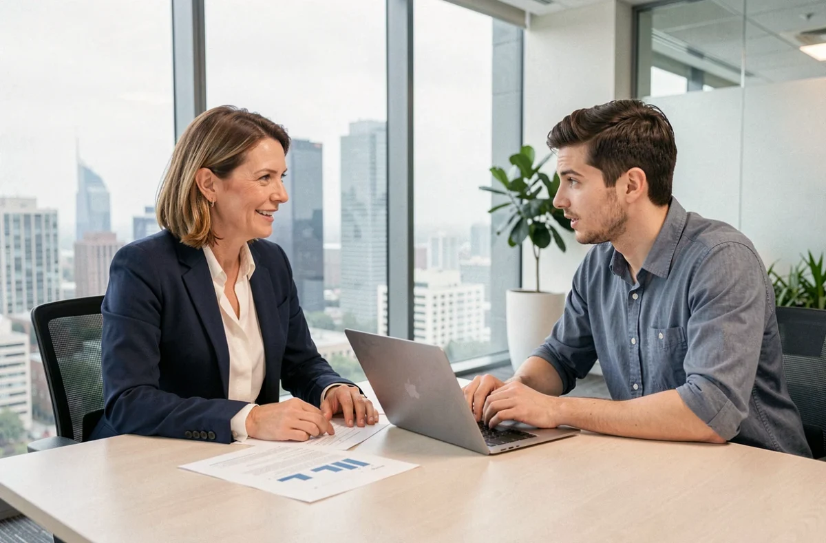 Sandra, business angel expérimentée, en réunion de mentorat stratégique avec un jeune dirigeant dans une salle de conférence moderne