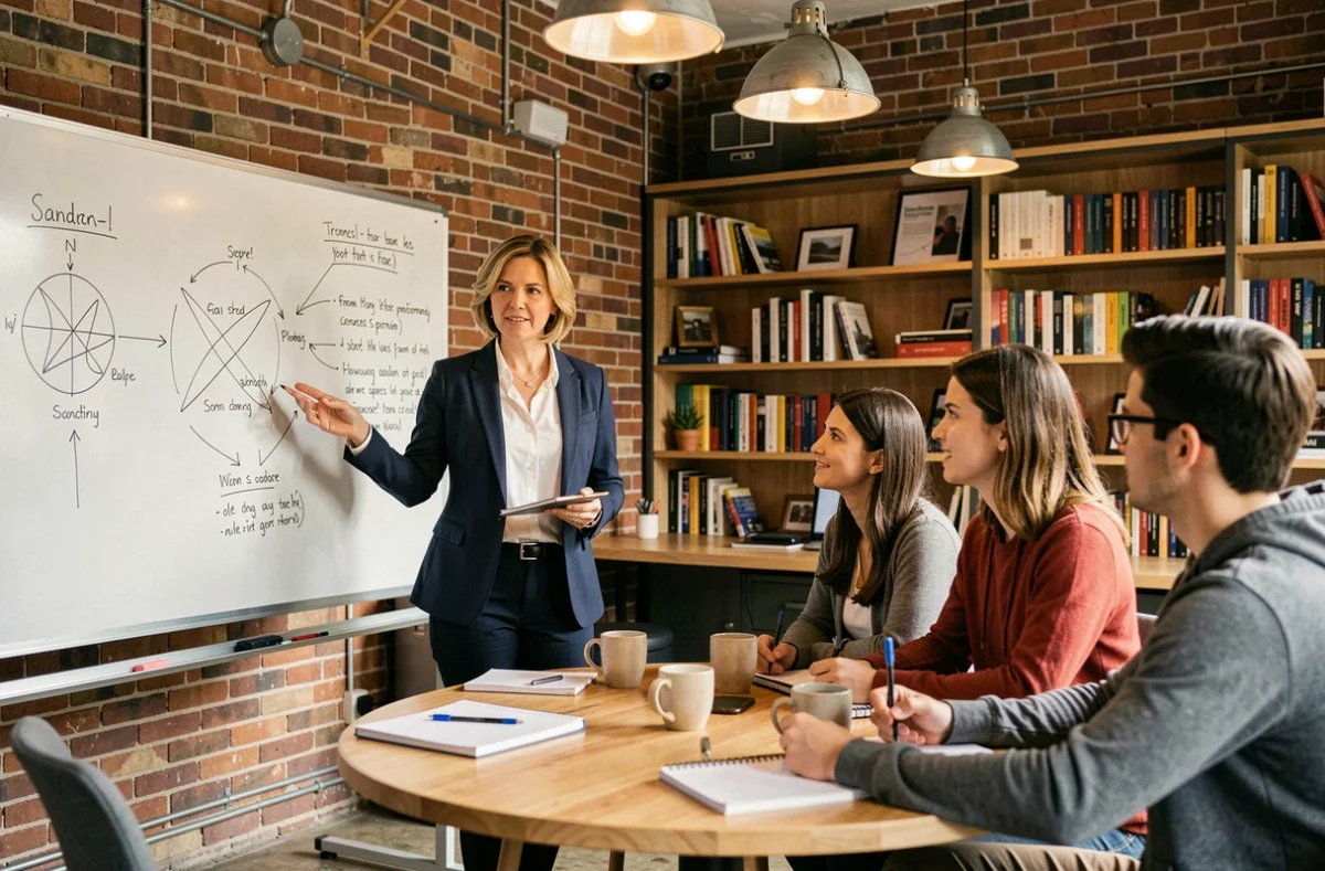Sandra en session de coaching stratégique avec un groupe de jeunes entrepreneurs dans un espace de coworking moderne