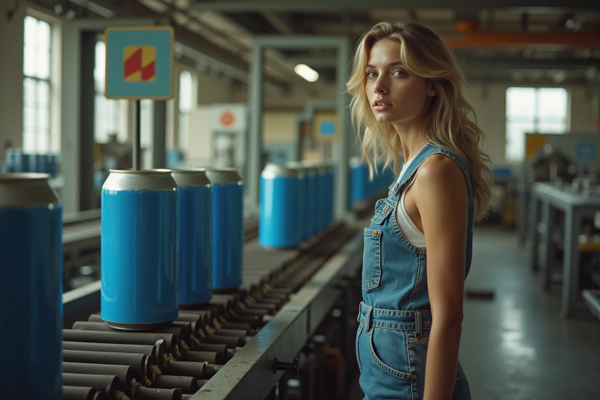 Jeune femme dans une usine vintage fabriquant des canettes bleues et argent