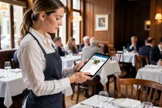 Serveuse utilisant un logiciel de gestion de salle sur tablette dans un restaurant brasserie