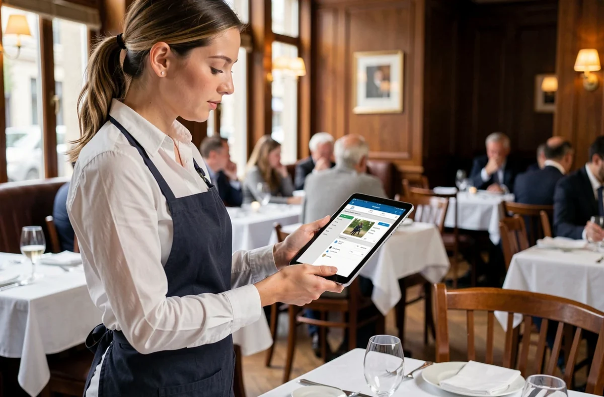Serveuse utilisant un logiciel de gestion de salle sur tablette dans un restaurant brasserie