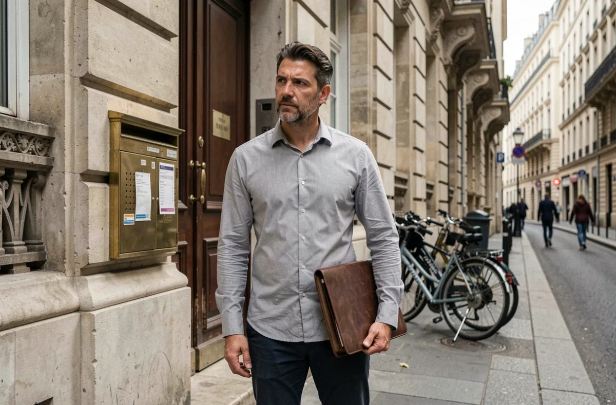 Chef d'entreprise devant un immeuble de domiciliation commerciale dans une rue de Villeurbanne