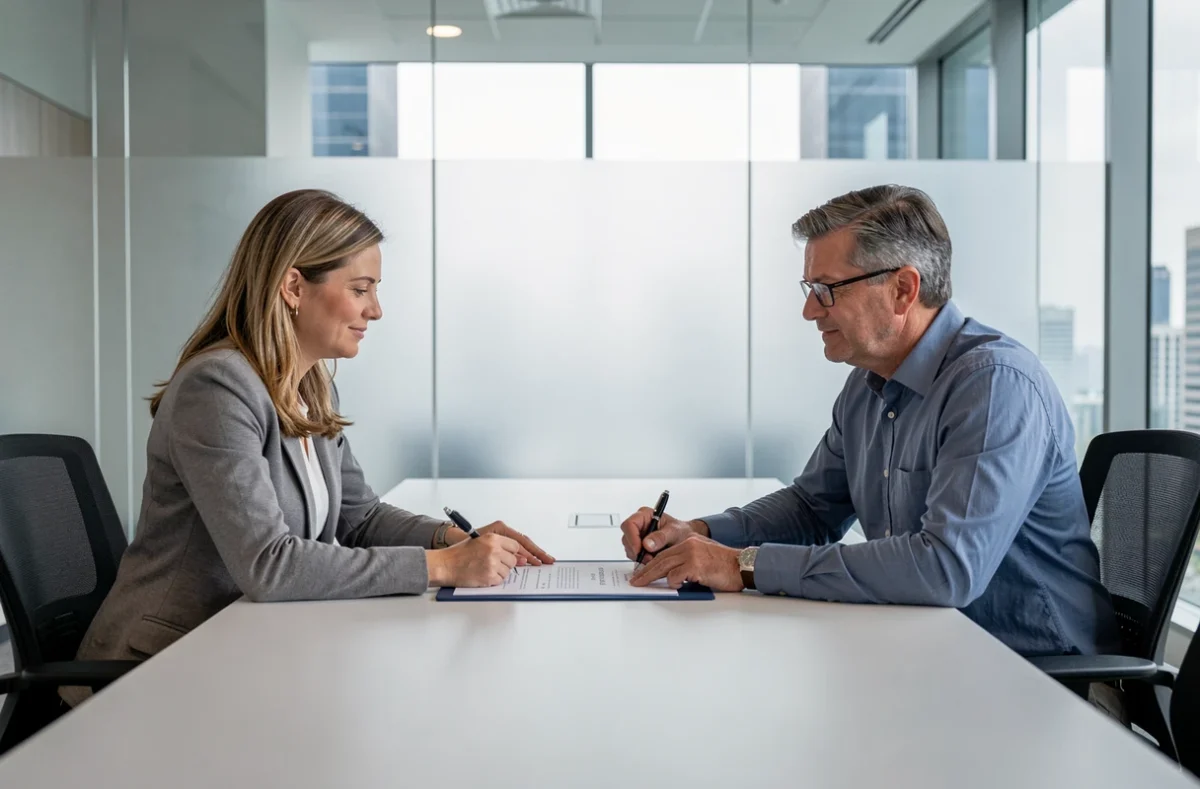 Deux professionnels signant un contrat de portage salarial dans une salle de réunion d'un centre d'affaires international