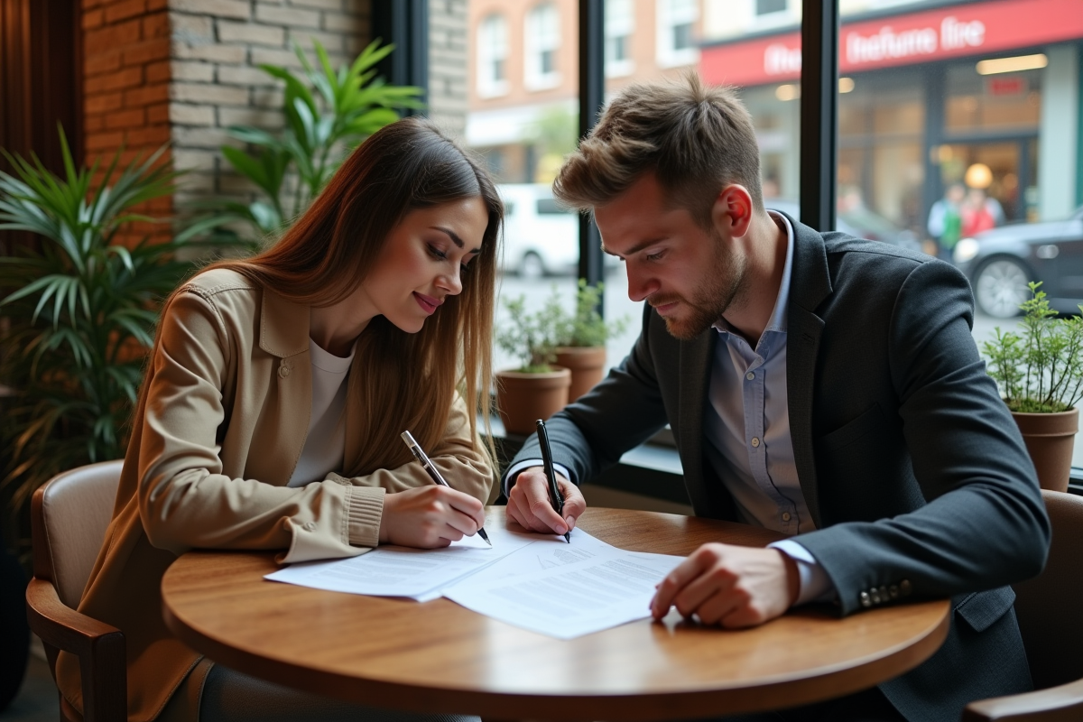 Jeunes professionnels signant un partenariat dans un café