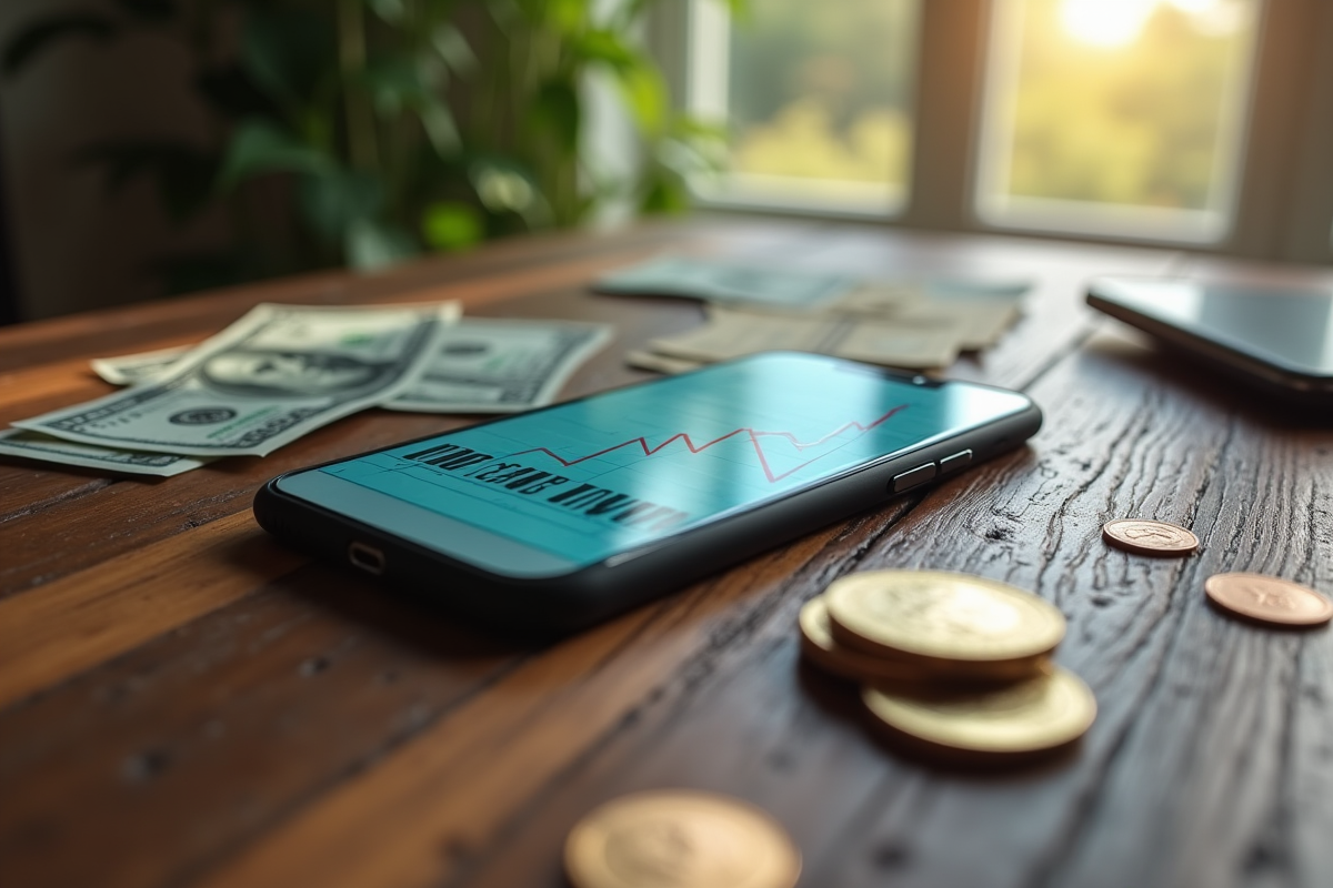 Smartphone affichant des graphiques de revenus publicitaires avec des pièces et billets