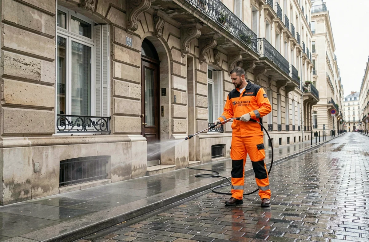 Technicien Starsnett Services nettoyant la façade d'un immeuble haussmannien à Paris