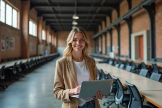 Jeune femme étrangère travaillant sur un ordinateur portable dans l'espace de coworking de Station F à Paris