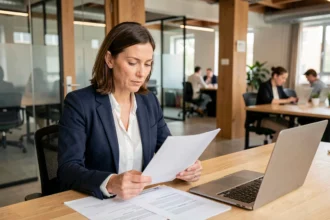 Femme d'affaires consultant les tarifs de domiciliation d'entreprise dans un espace de coworking moderne