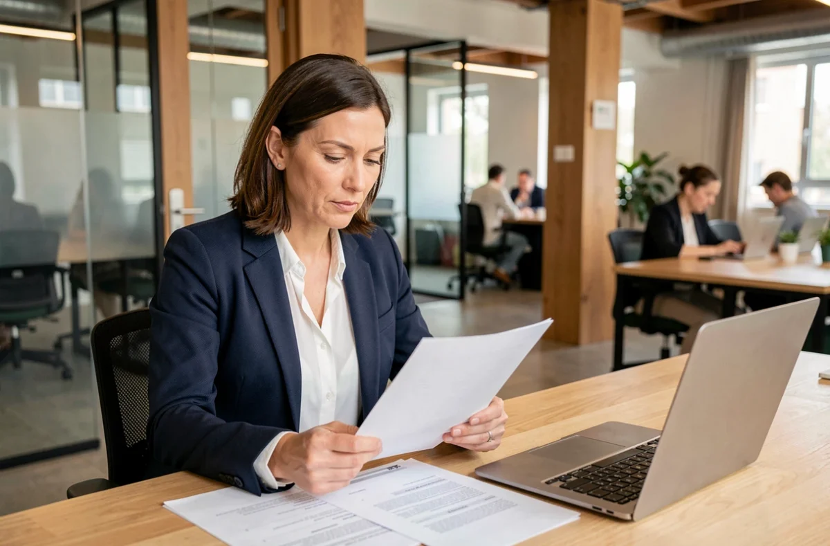 Femme d'affaires consultant les tarifs de domiciliation d'entreprise dans un espace de coworking moderne