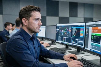 Technicien en cybersécurité surveillant des tableaux de bord de sécurité réseau dans un centre SVC moderne