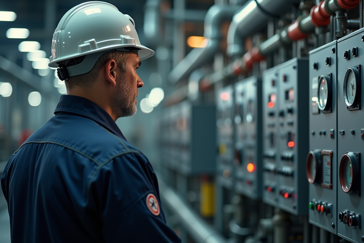 Technicien en uniforme surveillant une centrale électrique moderne