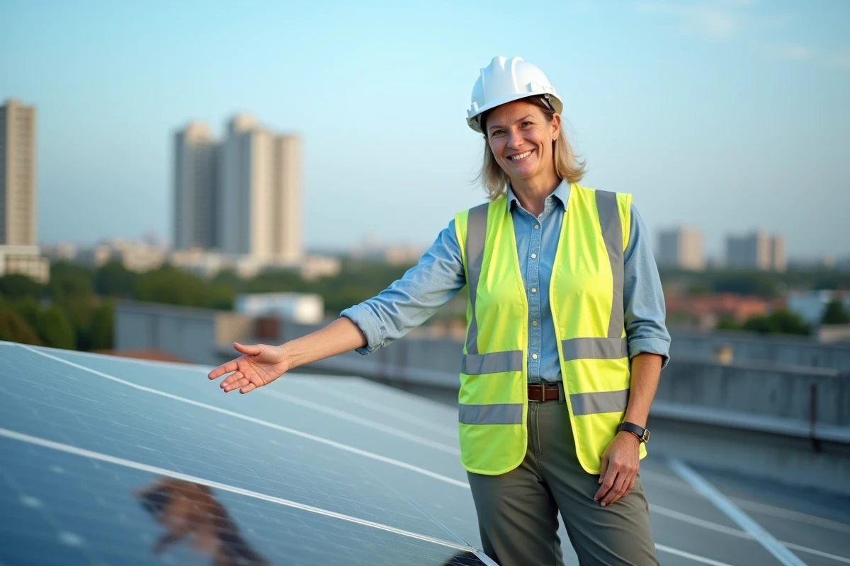 Technicienne en énergie solaire sur un toit équipé de panneaux photovoltaïques dans le cadre d'un projet d'énergie citoyenne