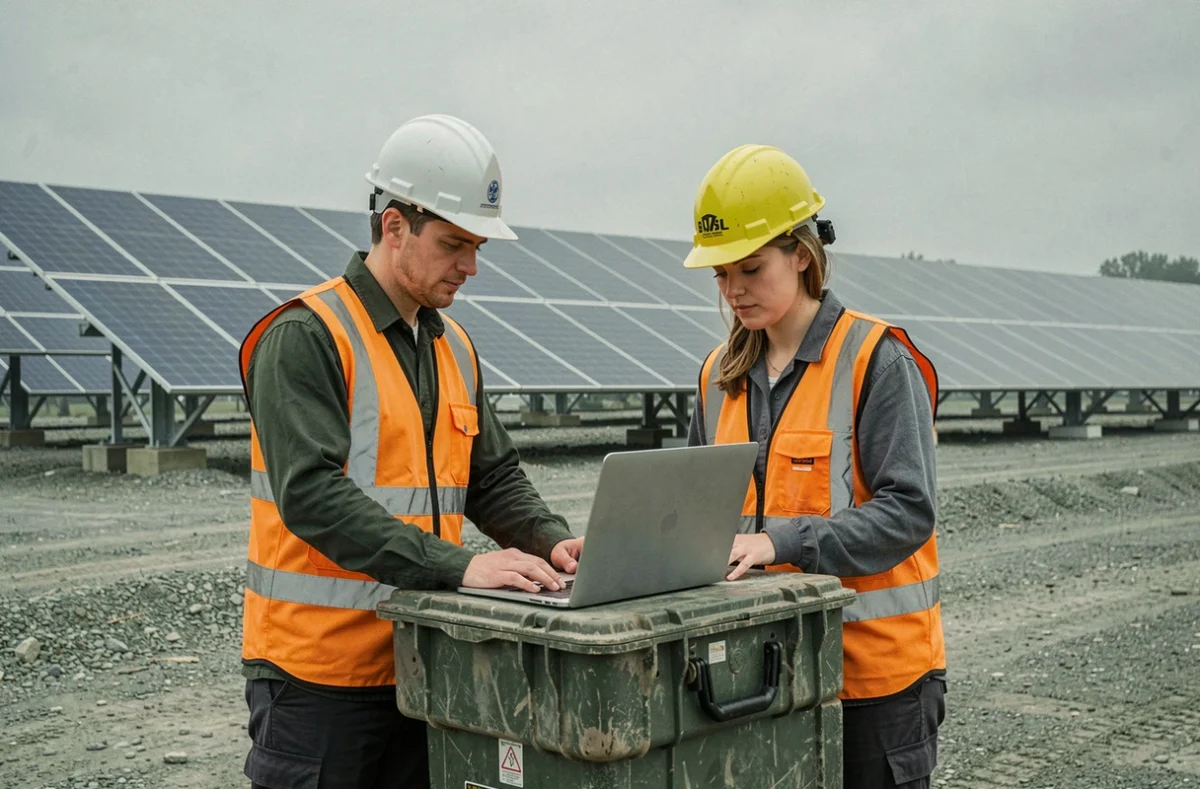 Deux techniciens en gilet haute visibilité analysant des données IA sur un ordinateur portable devant une installation solaire industrielle et un système de stockage d'énergie