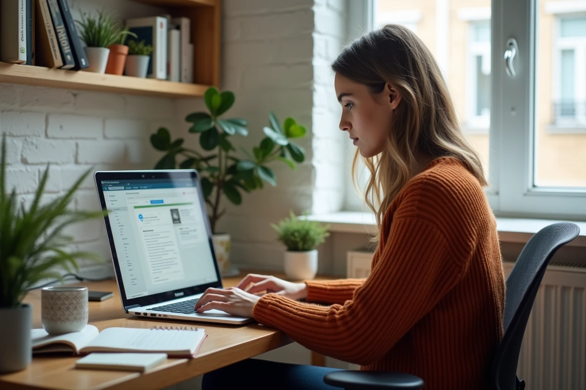 Jeune femme en pull rouille travaillant depuis un bureau à domicile, passant d'un fichier Excel à une plateforme professionnelle de veille médiatique sur son ordinateur portable