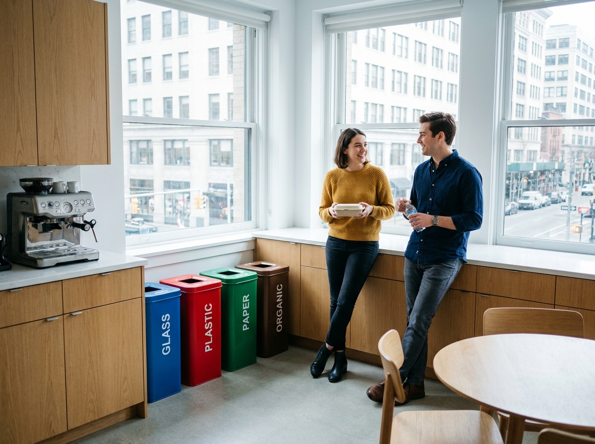 Espace tri sélectif dans une cuisine de bureau avec des collègues qui trient leurs déchets pendant la pause déjeuner