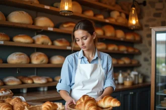 Vendeuse en boulangerie arrangeant des croissants derrière le comptoir dans une boulangerie traditionnelle française