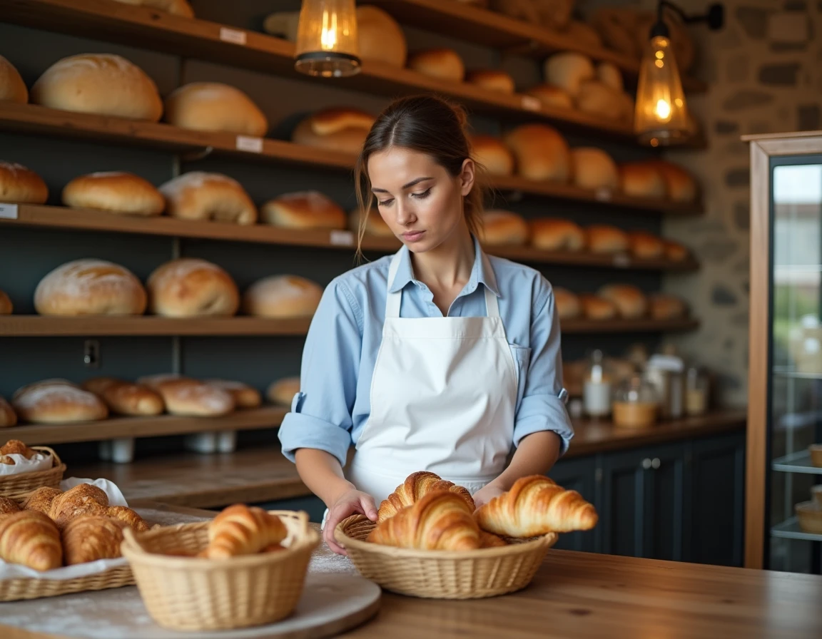Vendeuse en boulangerie arrangeant des croissants derrière le comptoir dans une boulangerie traditionnelle française