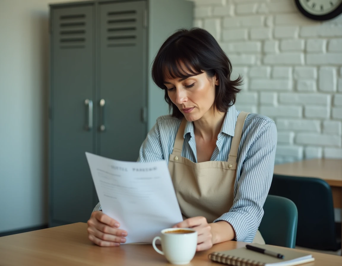 Vendeuse en boulangerie examinant sa fiche de paie dans la salle de pause d'une boulangerie